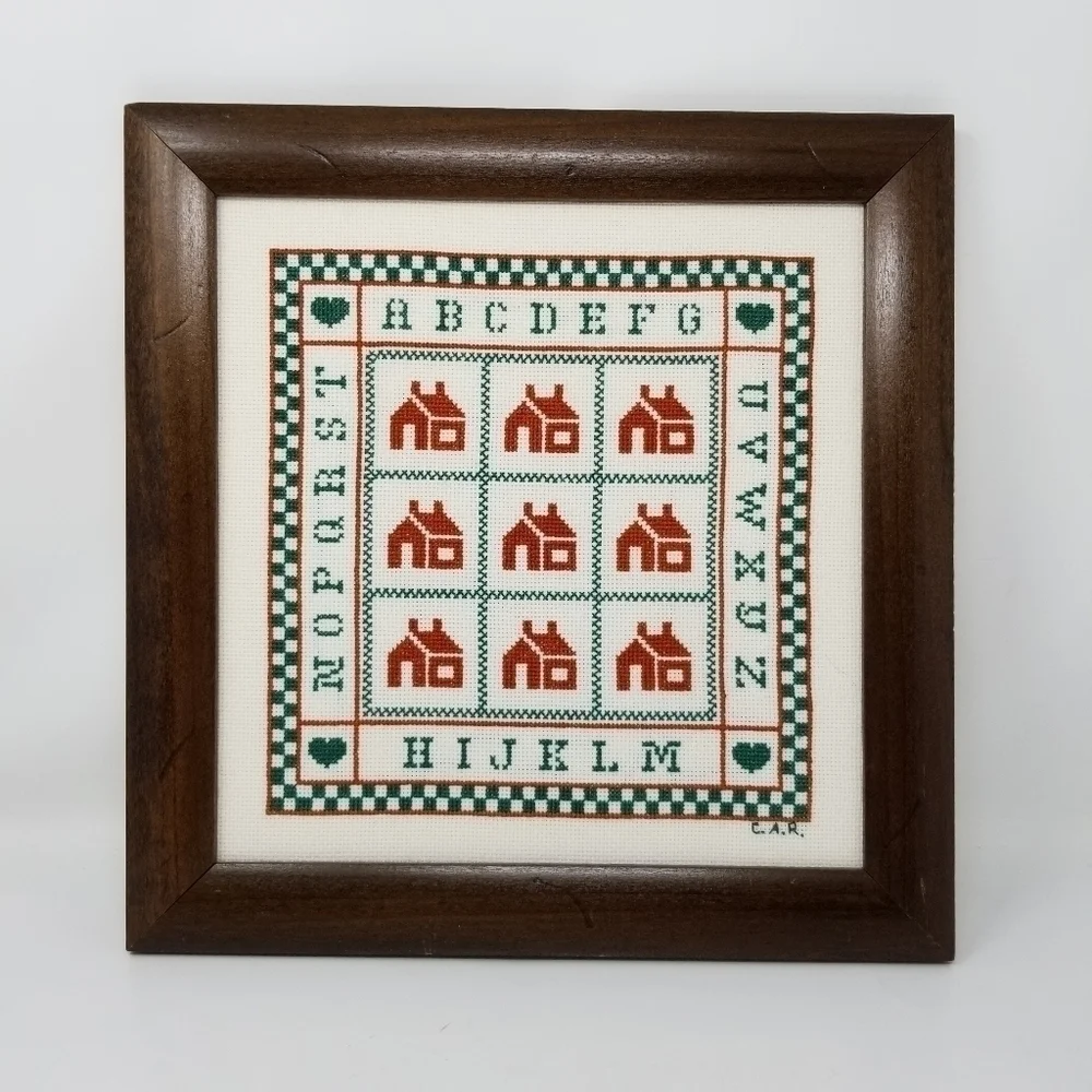 Framed Handmade Cross Stitch Wall Hanging Houses Alphabet Signed Checks Complete